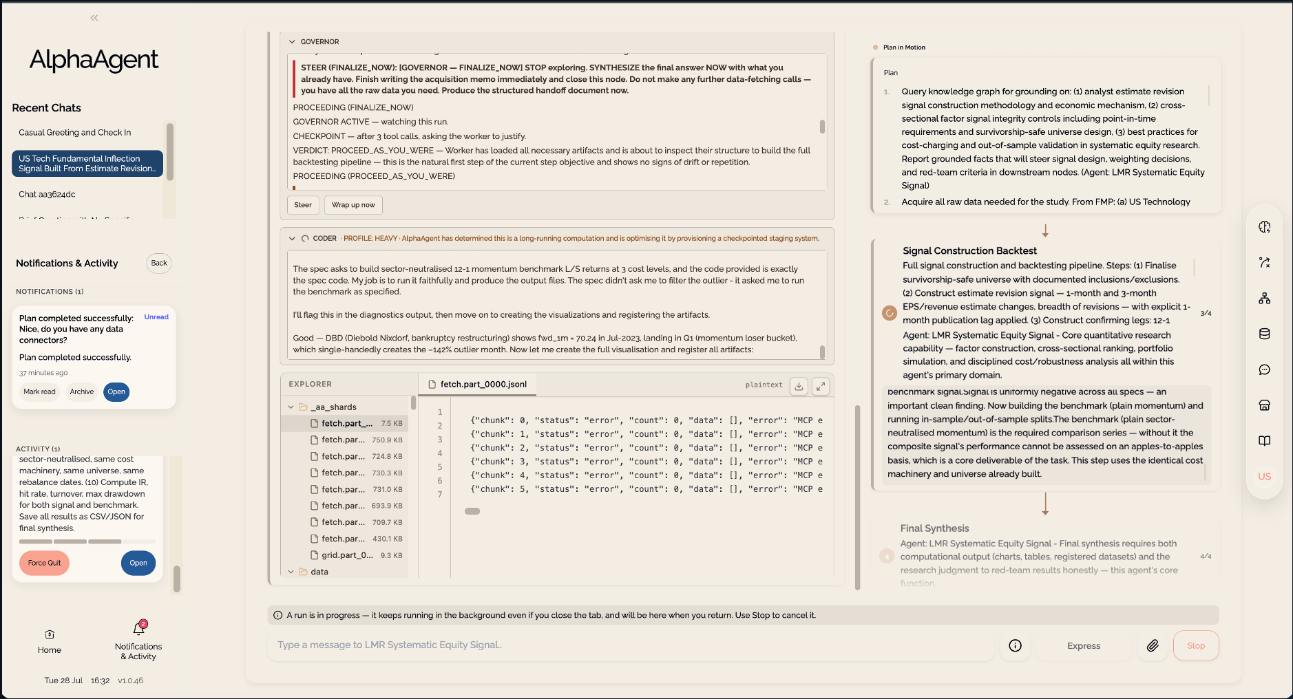 AlphaAgent Studio showing the Governor panel issuing a steer to finalise a run, alongside the live plan and the file explorer